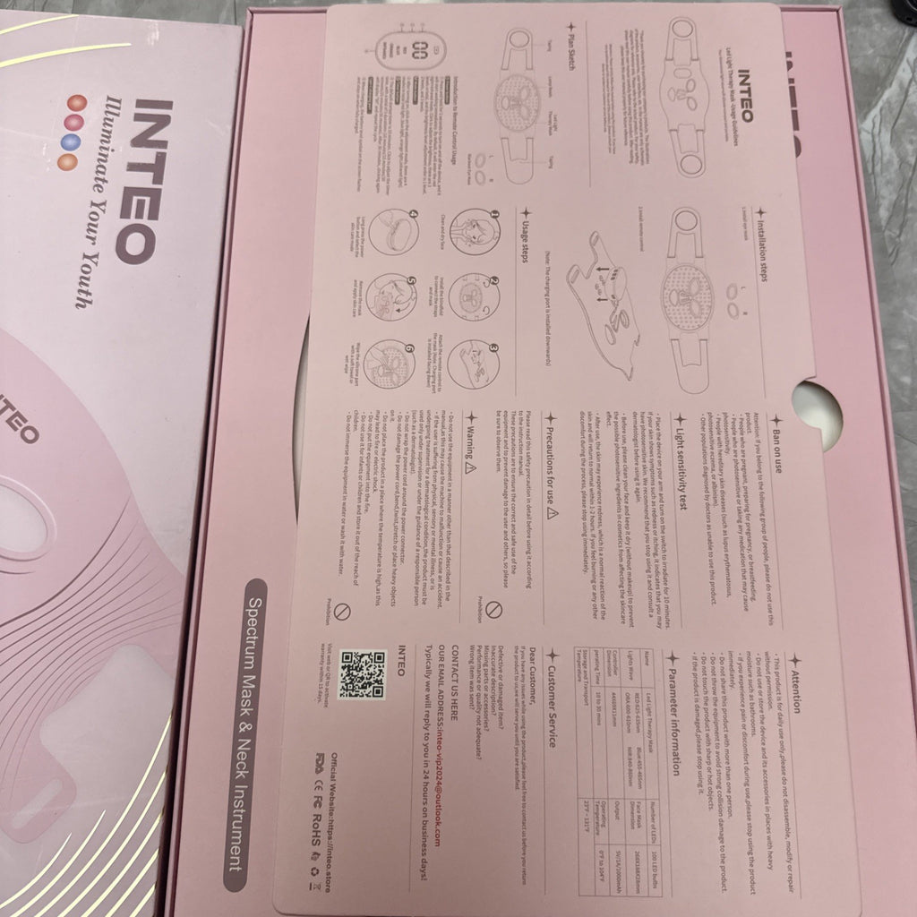INTEO Cordless Portable LED Light Therapy Mask for Face & Neck, Pink