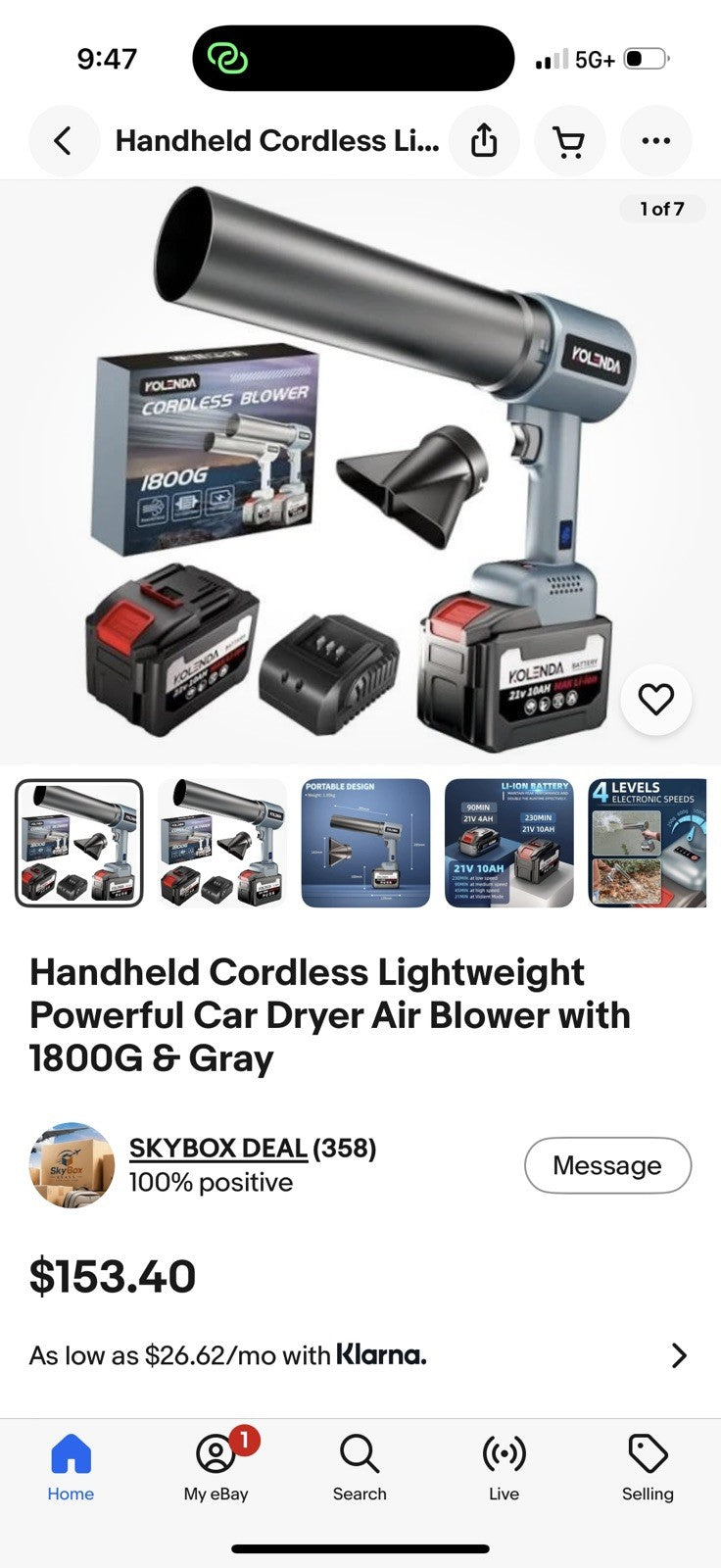 Handheld Cordless Lightweight Powerful Car Dryer Air Blower with 1800G & Gray