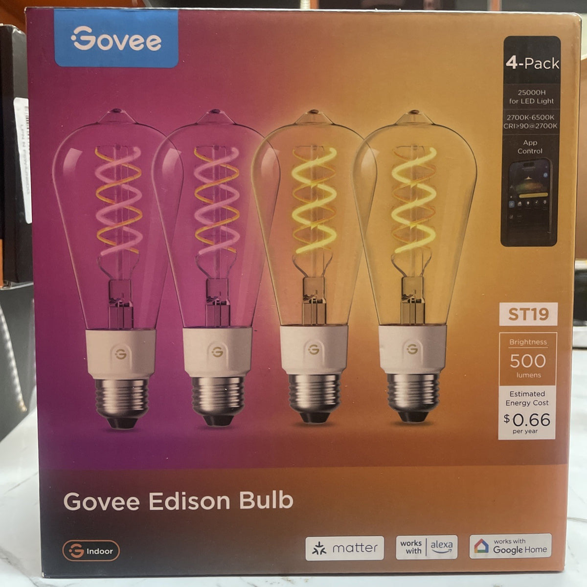Govee ST19 Edison Smart LED Bulb 4-Pack 500lm Color 5.5W E26