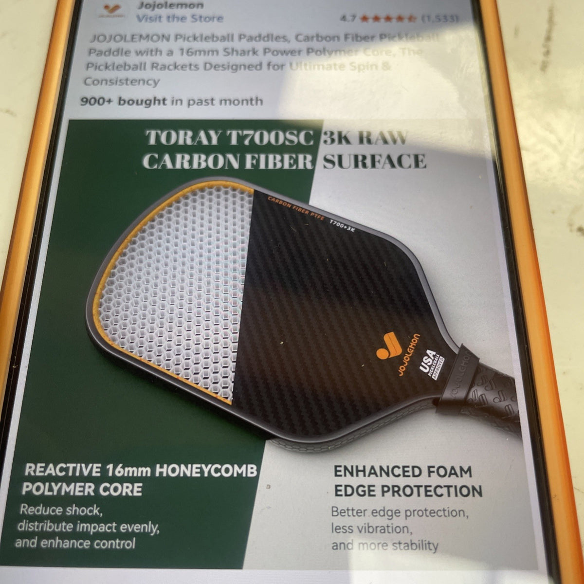 JOJOLEMON Pickleball Paddle Carbon Fiber T700 Shark 001 16mm - Gray