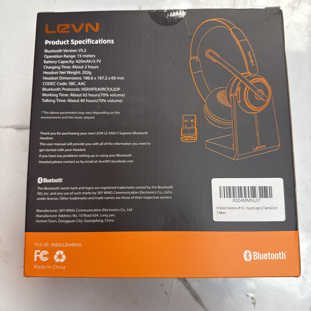 LEVN LE‑HS013 Superior wireless/Bluetooth headset with charging base and USB don