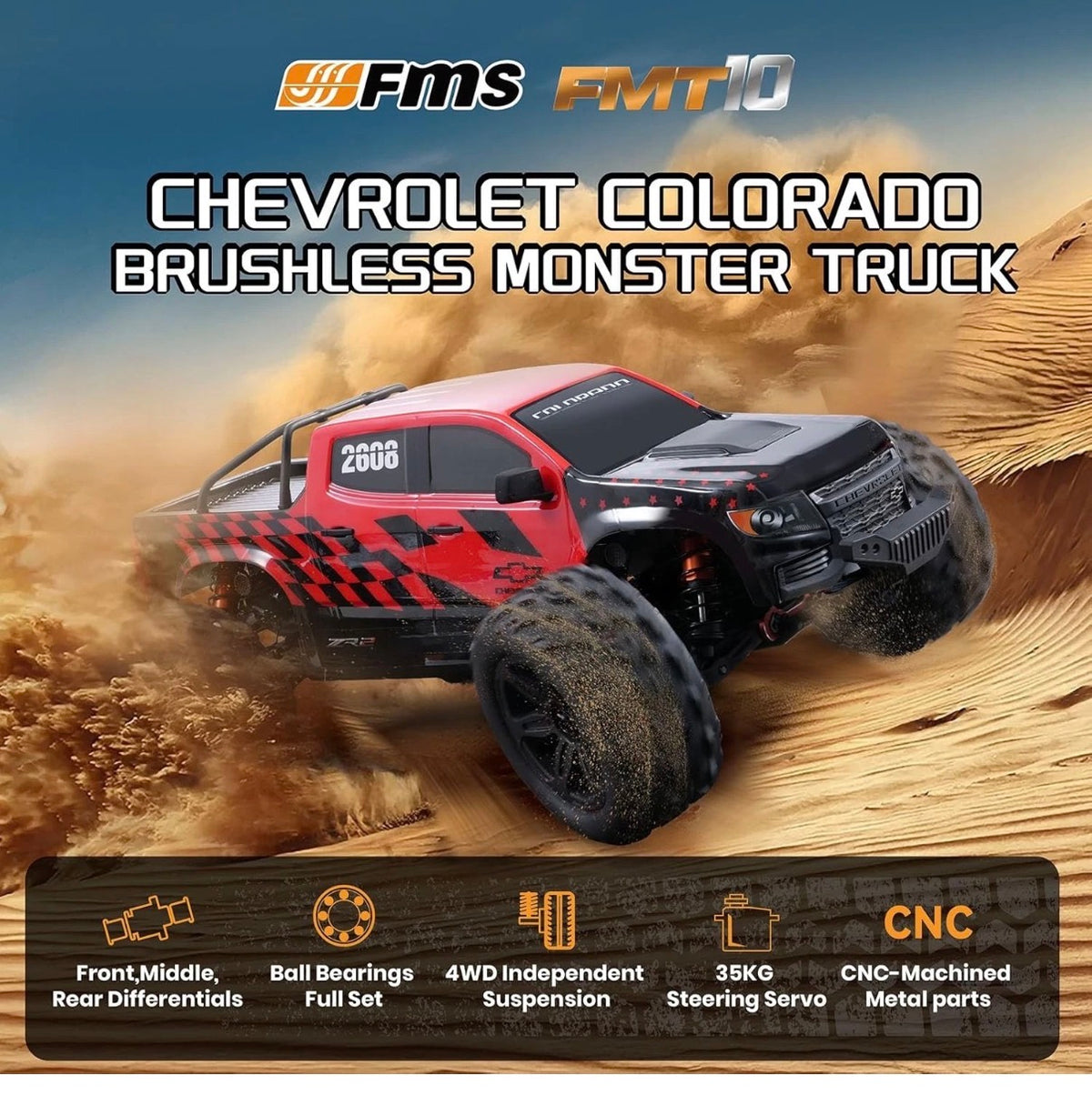 FMS FMT10 Chevrolet Colorado 1:10 Brushless 4WD RC Monster Truck – Red