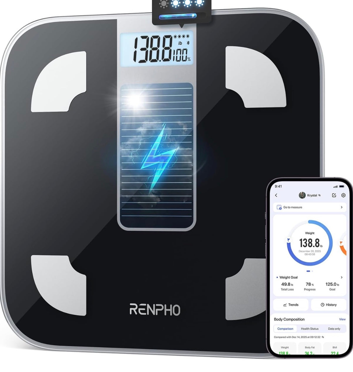 RENPHO Solar-Powered Bluetooth Smart Body Scale – Black