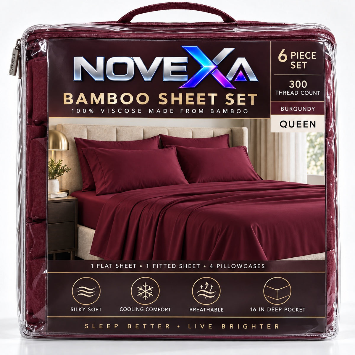 NOVEXA 6-piece Queen bamboo sheet set in Burgundy