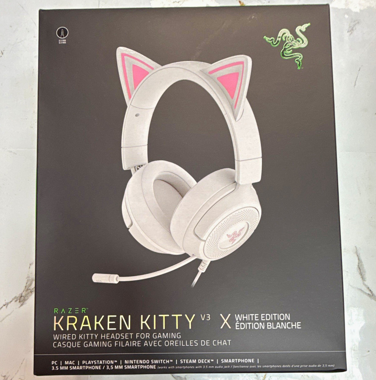 Razer Kraken Kitty V3 X White 3.5mm Surround Sound Boom Mic 2m Cable